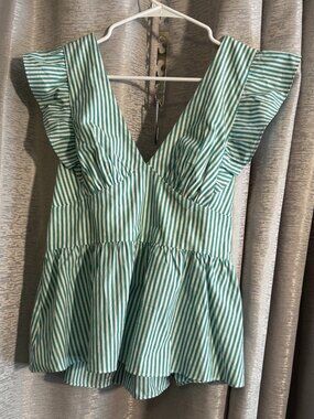 Skies Are Blue Green White Striped Peplum Top Ruffle Strap V Neck Size M
